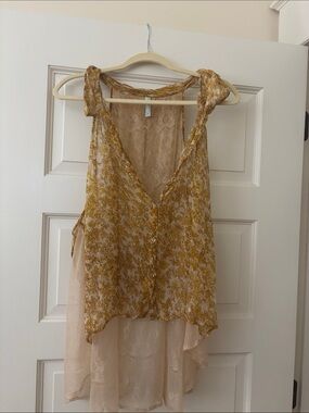 Free People Mustard Floral Lace-Back Button-Front Camisole